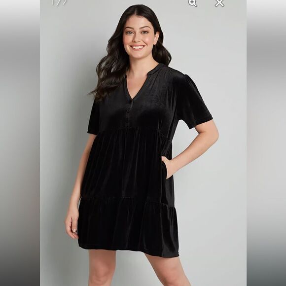 Modcloth Levels Of Levity Tiered Velvet Babydoll Dress Shift Black S NWT - Picture 1 of 10
